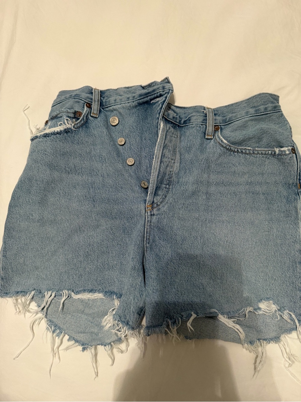 Agolde Light Blue Distressed Denim Shorts